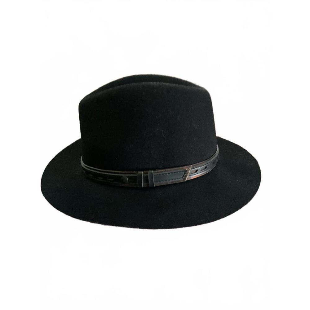 Rag & Bone Classic Black Wide-Brim Wool  Fedora Hat with Leather/Metallic Band M - Picture 2 of 8